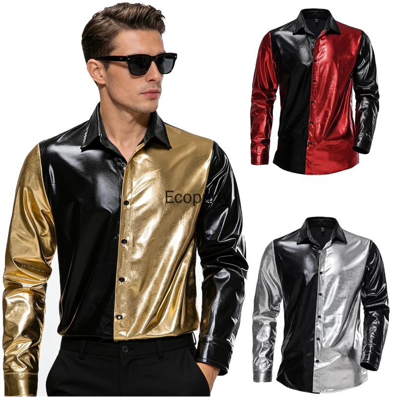 New Men's Fashion Shiny Shirt Red Black Patchwork Patchwork Laple Blouse Men Carnival Vintage Punk Stage Performance Costume