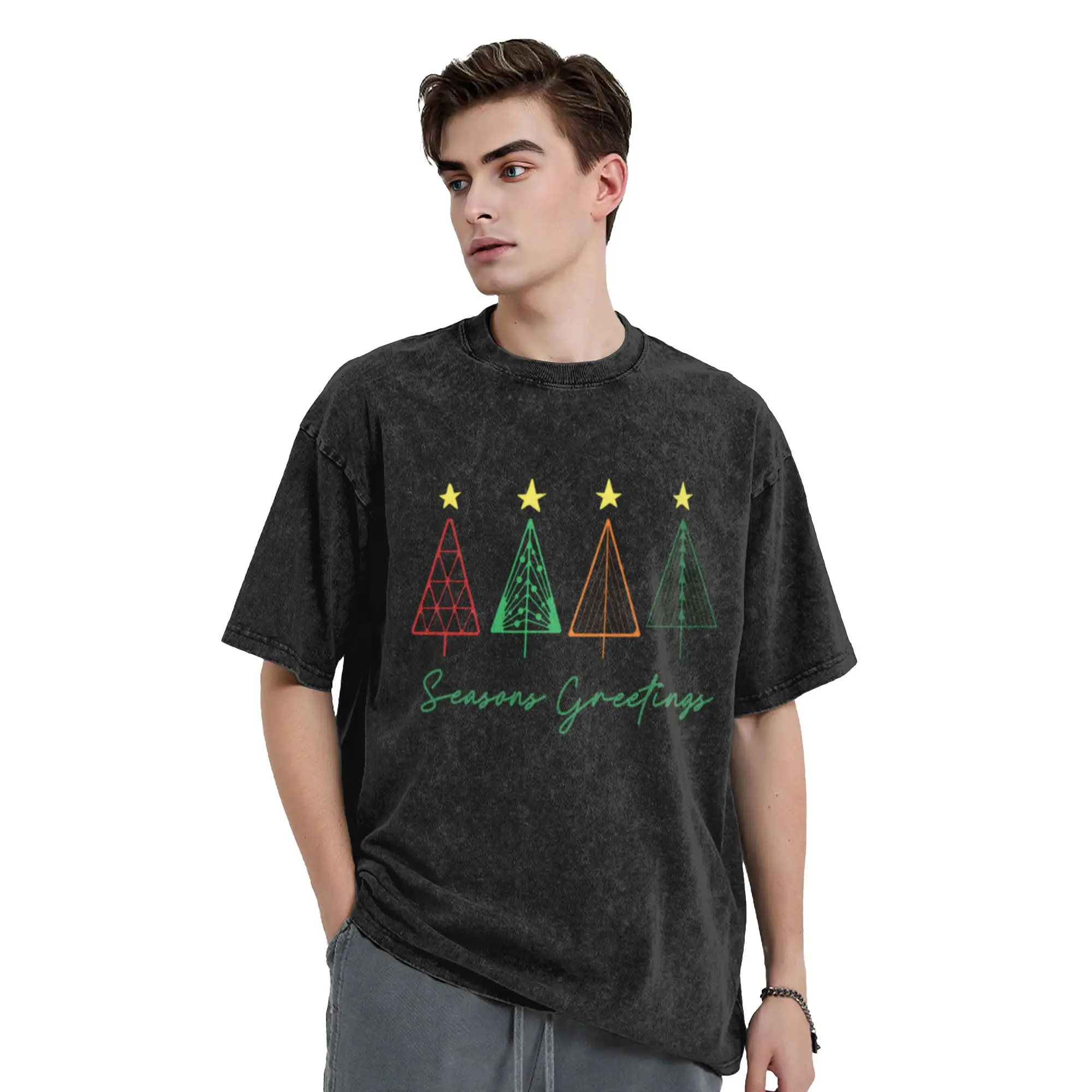 Seasons Greetings Minimalist Christmas Trees in color Cool A T-Shirt Oversized Short Sleeve Men's Women's Cotton Tees Tops