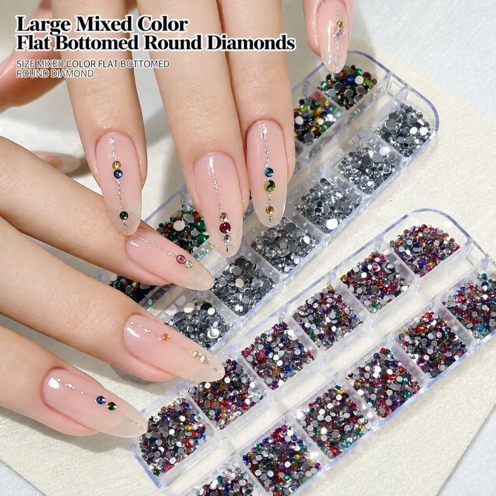 12 Grids Multi Size Nail Rhinestone Charms Shiny Clear White Gems Flatback Crystal Gems Sparkling Mixed Sequins Flakes Nail Art