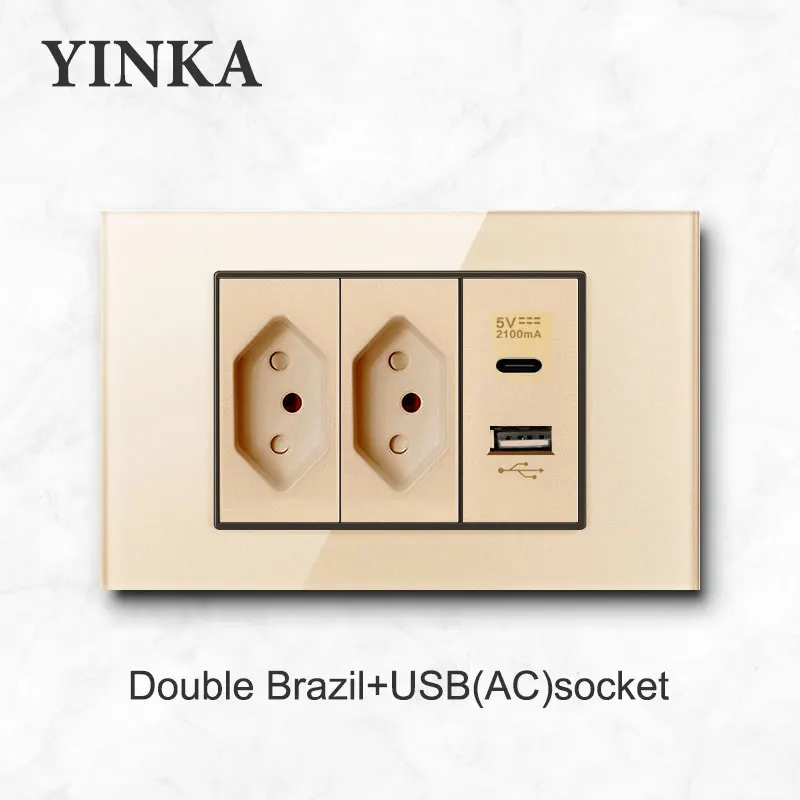 YINKA BrazilTempered Glass Panel Golden Luxury Pass-through Switch Cross Switch Socket Light Control Power Point Outlets USB NET