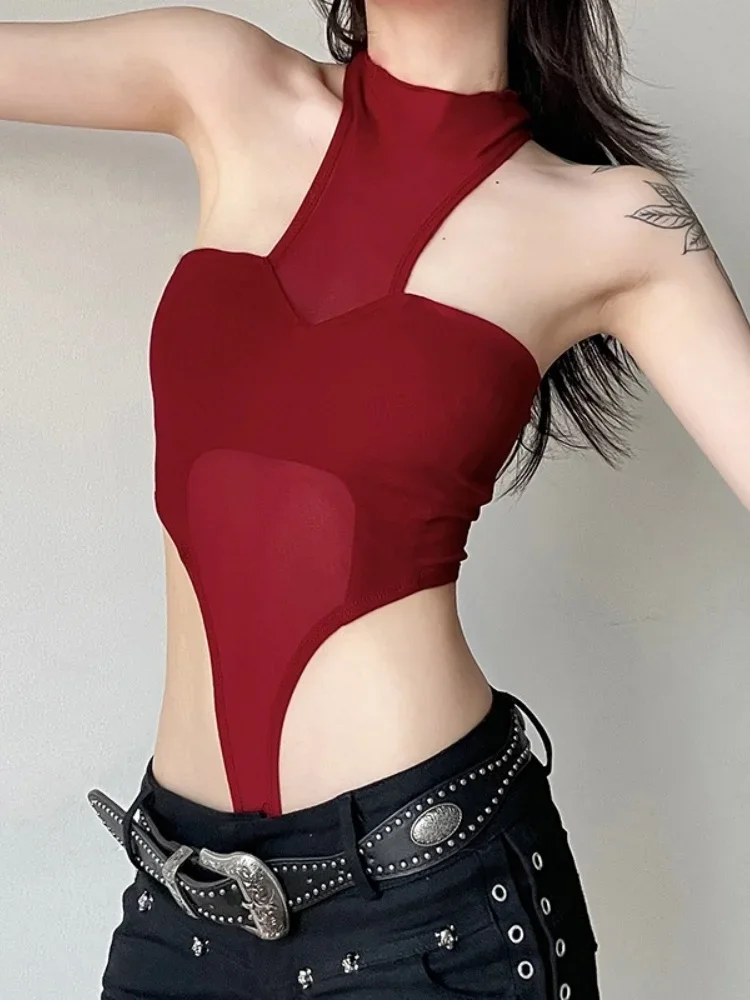 Red Lingerie Sexy Bodysuit Transparent Mesh Body Feminino Neck-mounted One-pieces Backless Tops For Women Y2k Clothes Bustier