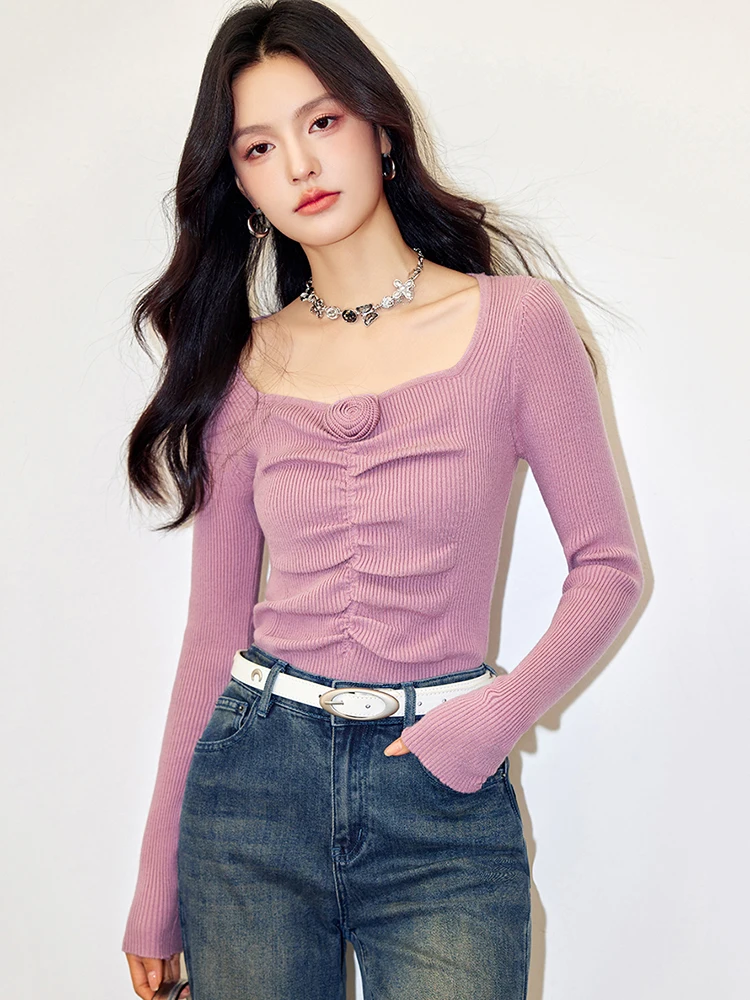 Sweet Knitted Sweater Women Autumn Fashion Flowers Square Collar Long Sleeve Slim Tops Stretch Basic Elegant Pullover