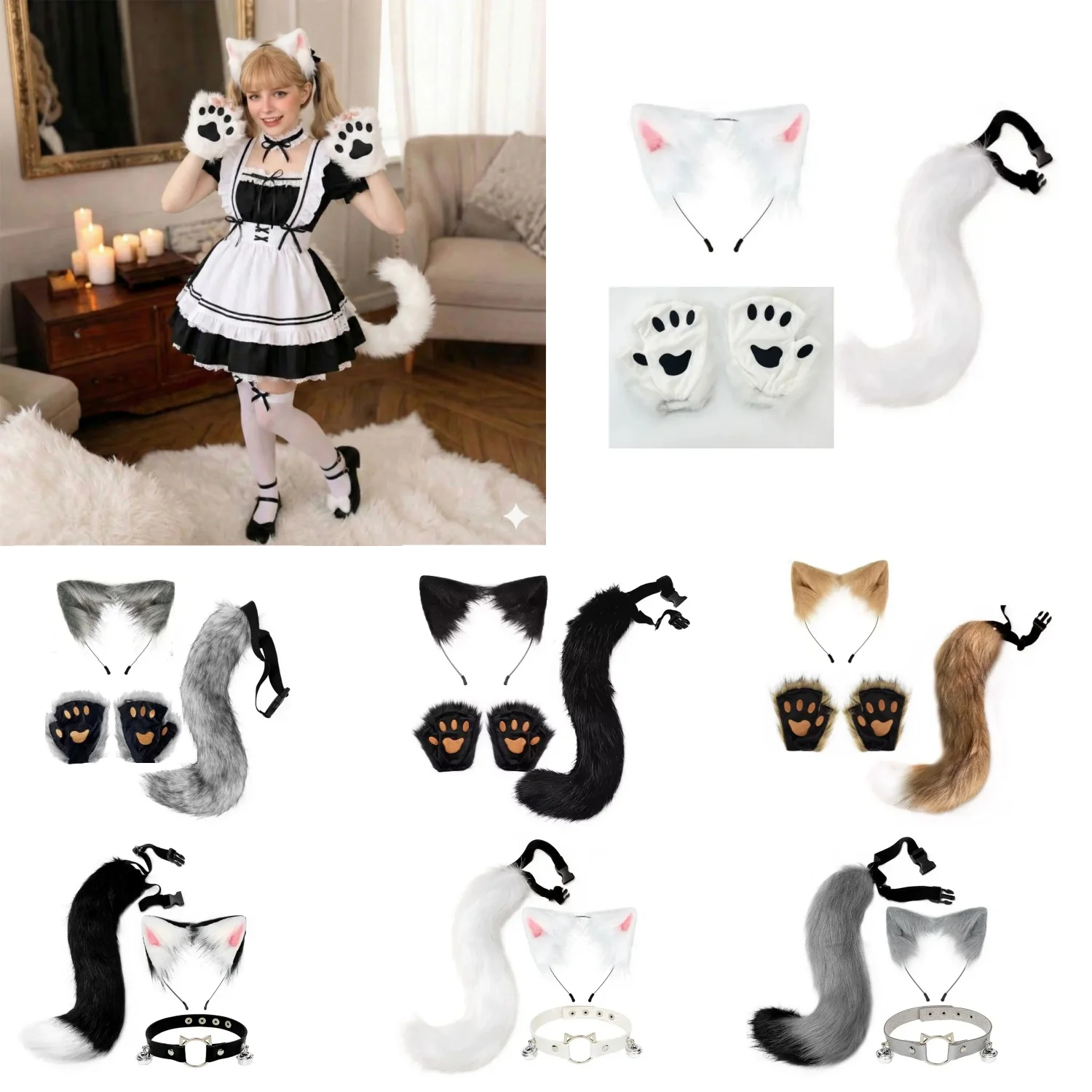 Faux Fur Fox Cosplay Set Cat Ears Headband Tail Plush Paws Gloves Kit Animal Fancy Dress Up for Halloween Carnival Party Outfits