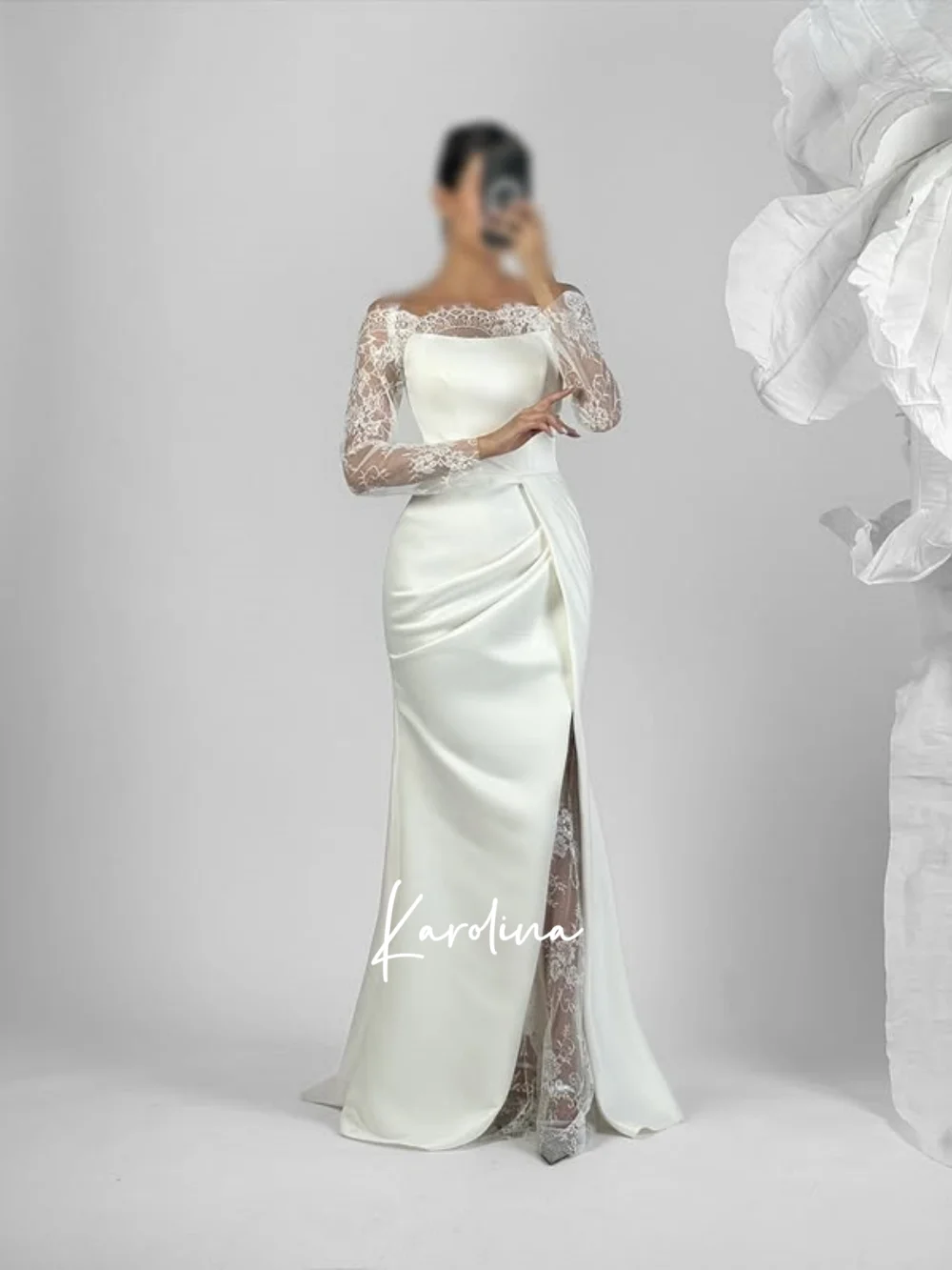 Vestido De noche azul marino con hombros descubiertos y manga De encaje, Jersey para Fiesta De graduación hasta el suelo, Vestidos De Fiesta personalizados