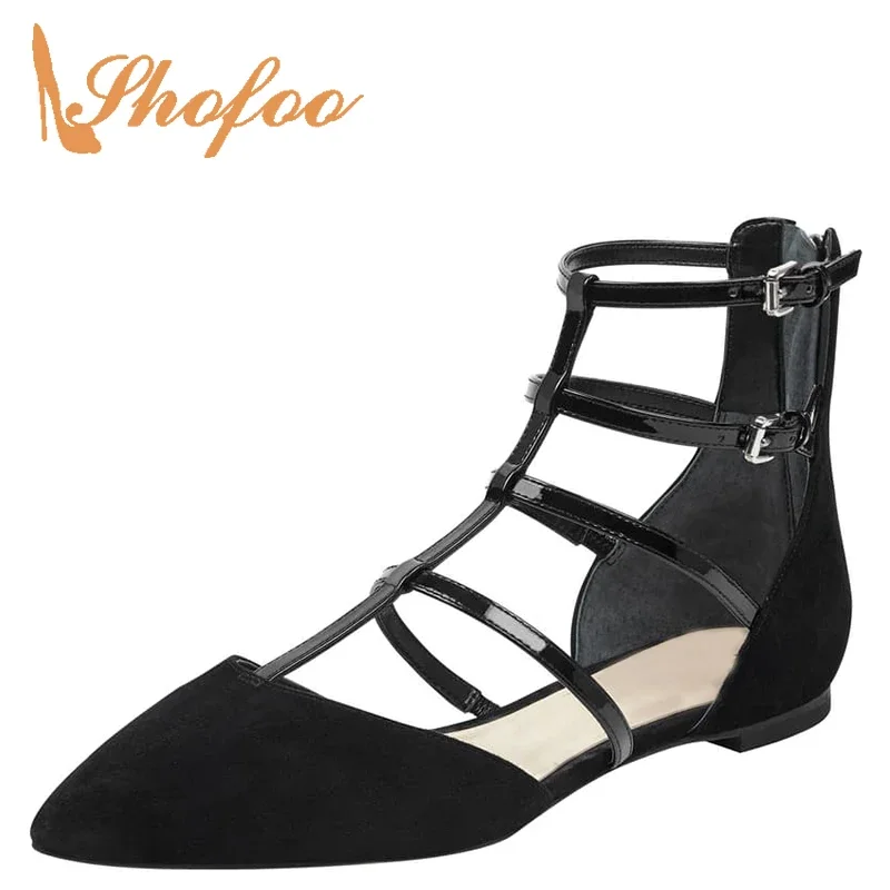 

Shofoo Black Nude Strappy Closed T-Strap Zipper Buckles Woman Flat Pointed Toe For Ladies Summer Dress Shoes Large Size 11 16