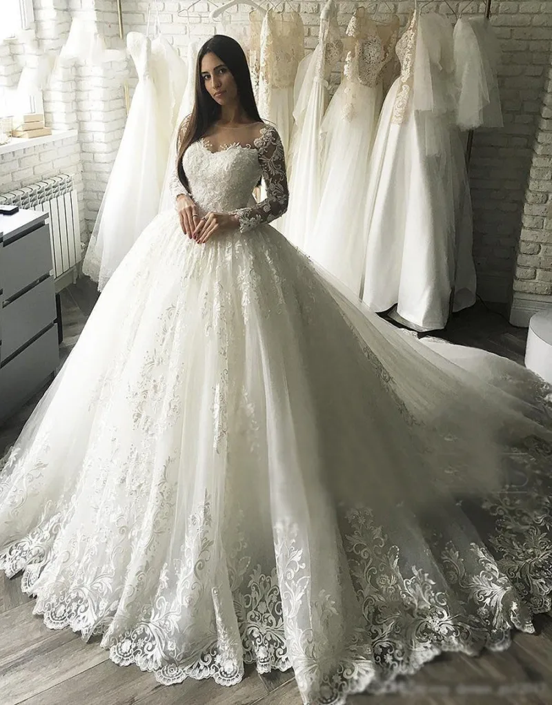 

JEHETH In Stock Ball Gown 2024 Long Sleeves Wedding Dresses For Women Appliques Lace Modern Vestido Illusion Back Bridal Gowns