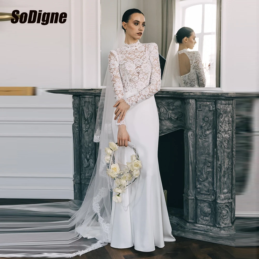 

SoDigne Mermaid Satin/Lace Wedding Dresses 2026 Full Sleeve High Neck Bridal Dress Church Wedding Gown Robe De Mairee Customized