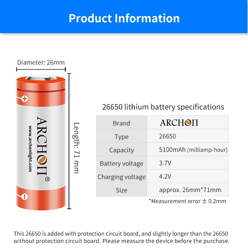 ARCHON original 26650 lithium battery 5100mAh 3.7V EU US plug 26650 charger flashlight Rechargeable battery Authentic battery