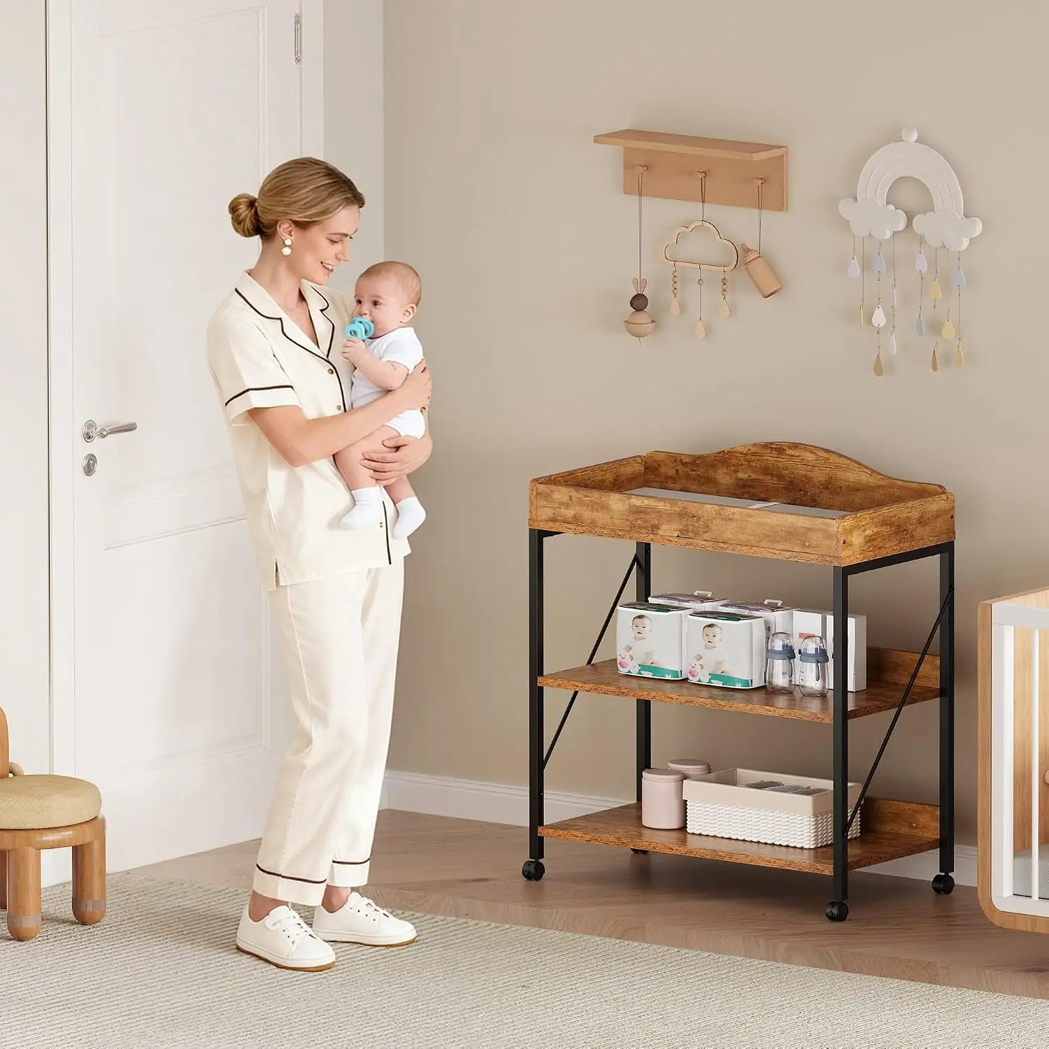 Yetom Baby Changing Table, Diaper Changing Station with Pad and Wheels, Two-Tier Open Storage Shelves, Waterproof Diaper pad & S