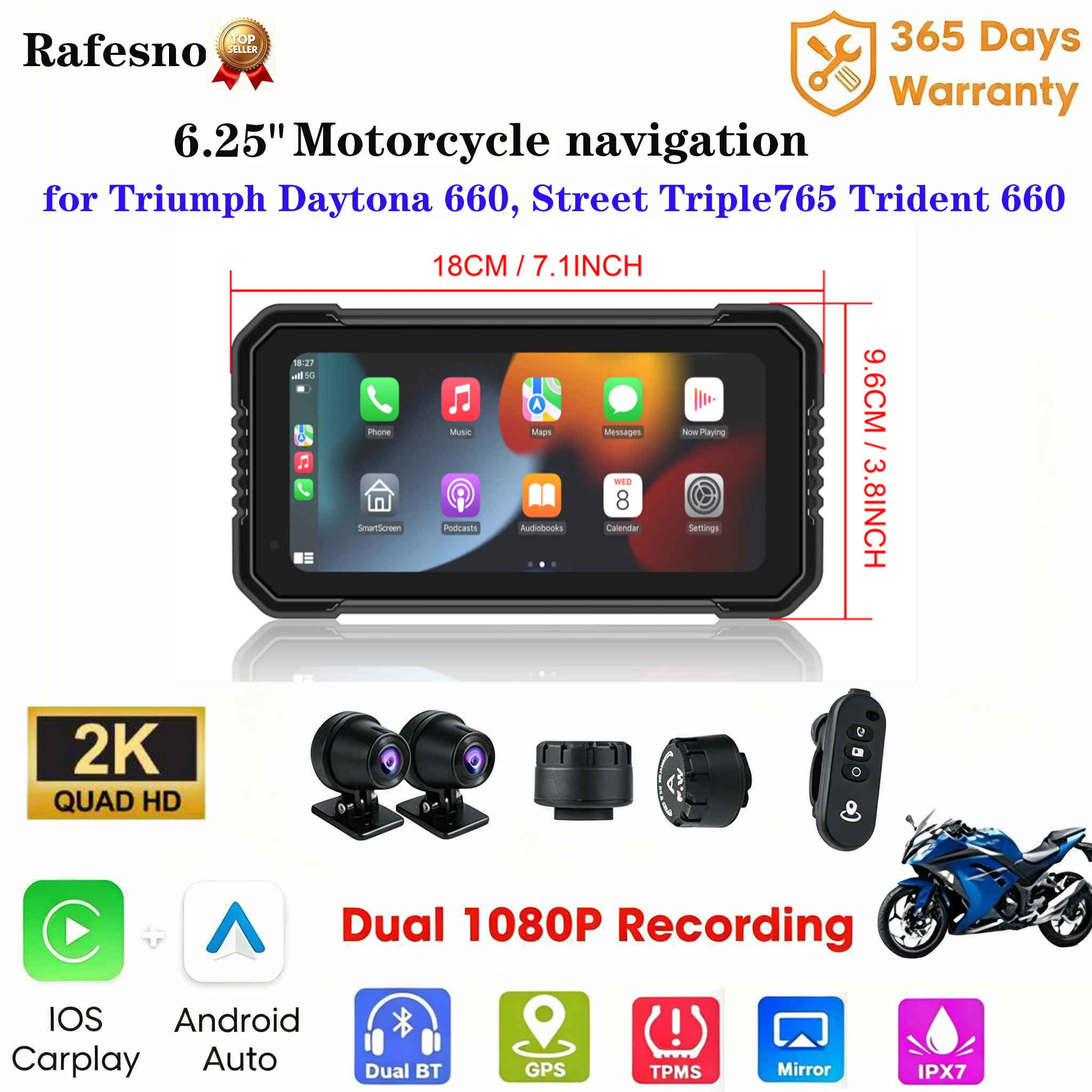 6.2" IP67 Waterproof Motorcycle 4K DVR  Navigation for Triumph Daytona 660 Wireless Carplay Android Auto Moto Recorder Monitor