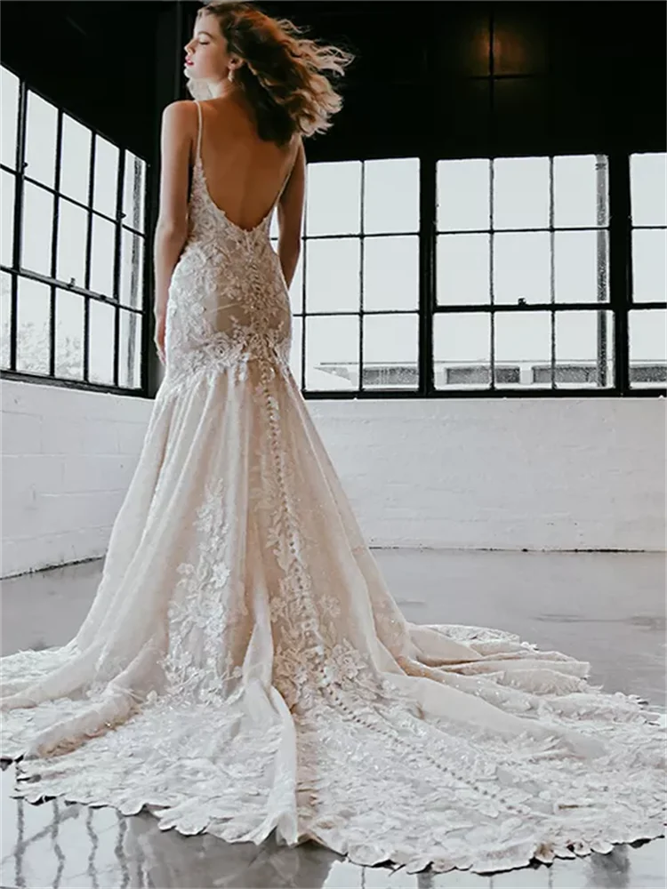 Sexy Mermaid Princess Wedding Dresses Floor Length Court Train Sleeveless Sweetheart Backless Lace With Beading Bridal Gowns