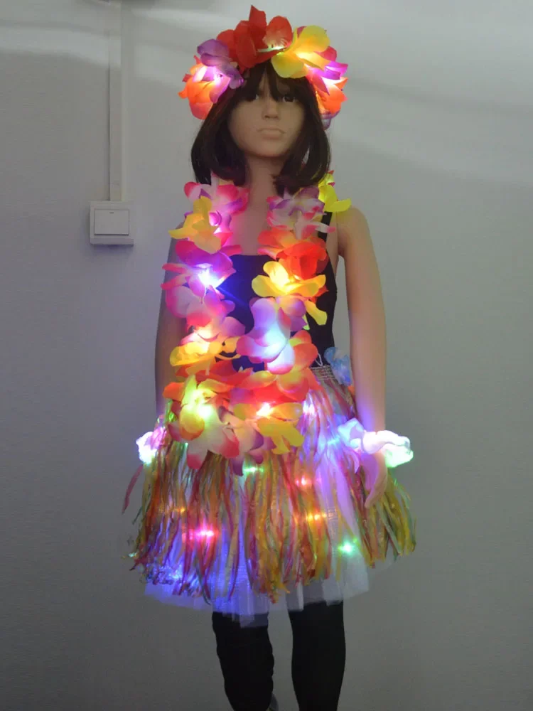 LED Light Up Hawaiian Grass Hula Skirt Luminous Costumes for Girl Women Luau Party Garland Wreath Leis Dance Wedding Festival