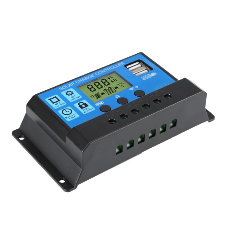 Controlador de carga solar automático, 60A/50A/40A/30A/20A/10A, 12V, 24V, controladores PWM, LCD, USB dual, 5V, salida de regulador de panel solar, PV