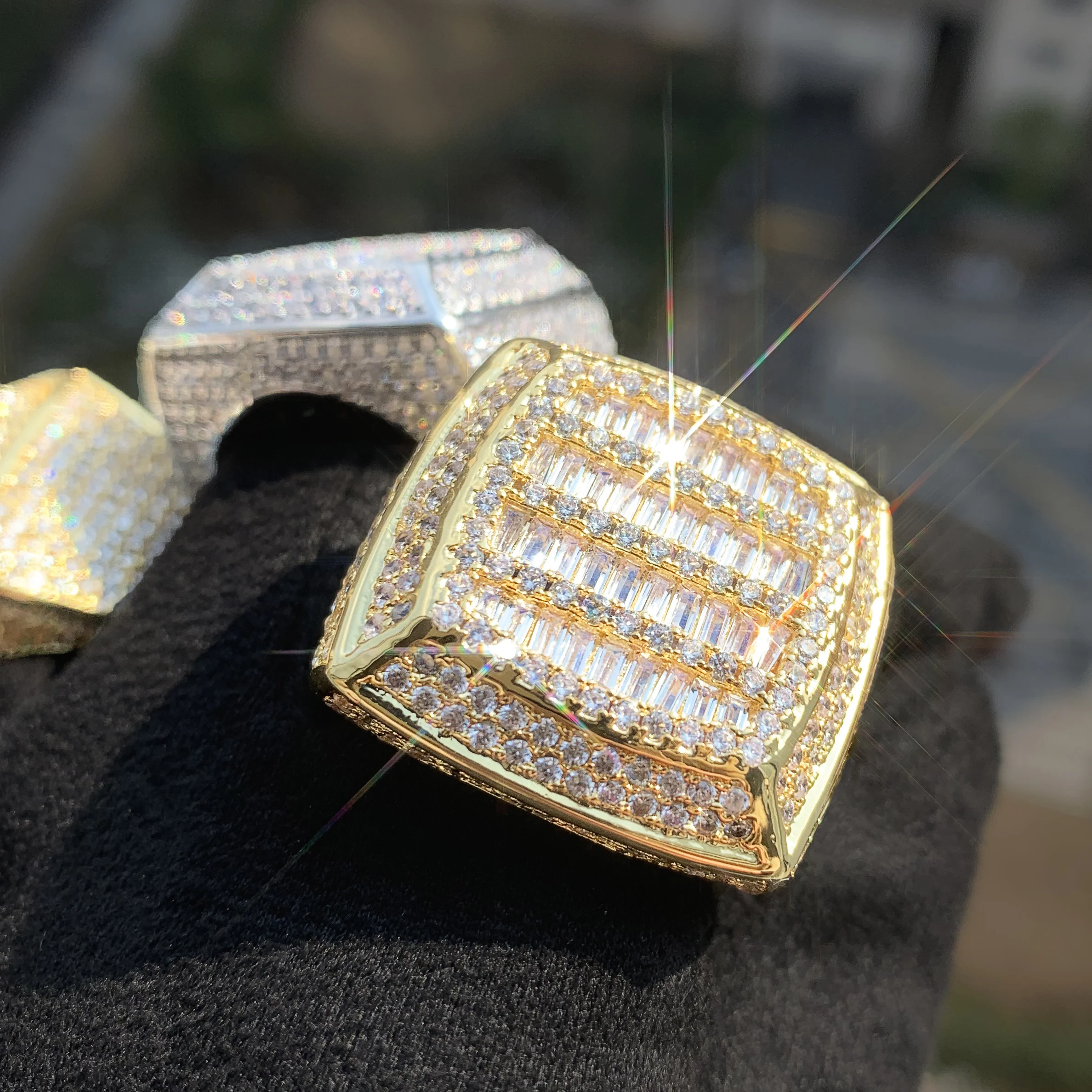 CUC Baguette Cut Square Iced Out Men Ring AAAA Fully Iced Zircon Fashion Rock Rings Gold Silver Color Copper Jewelry