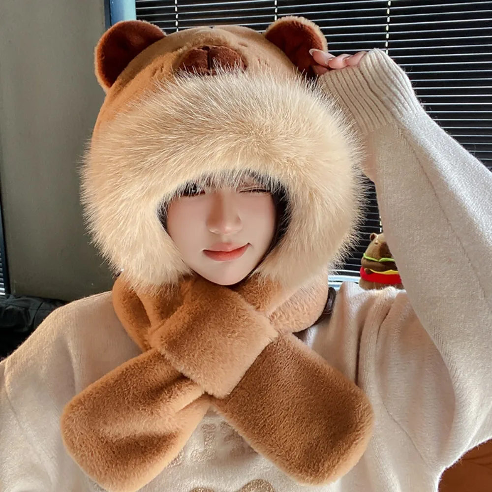 

Fashion 3 in 1 Capybara Hat Scarf Set Panda Cartoon Scarf Hat Glove for Women Thickened Casual Cartoon Plush Hat Lady