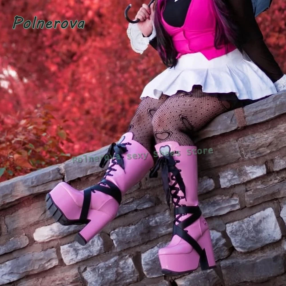 Women's Pink Platform Knee High Boots Round Toe Lace Up Patchwork Bow Heart Gothic Punk Y2K Sweet Goth Wedge Heel Shoes Summer view 6