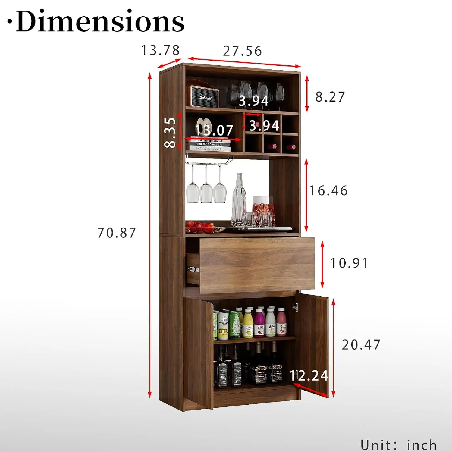 Coffee Bar Cabinet Storage Hutch Countertop Stemware Rack Drawer 71