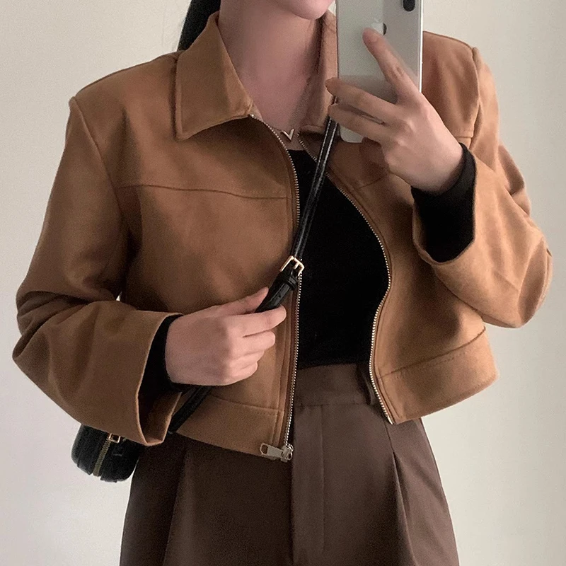 Chic Autumnal Retro Versatile Long Sve Faux Suede Loose Fit Jaet ort Outerwear for Women Commute Sle Zipper Closure