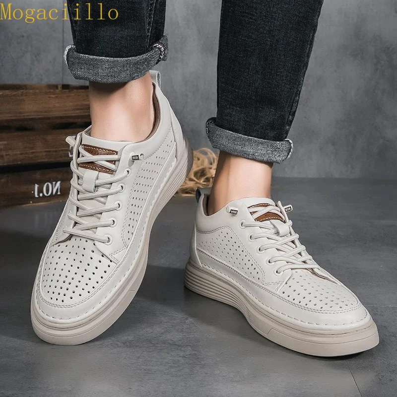 High Quality Men's Hidden Height Increasing Sneakers Genuine Leather Hollow Breathable Daily Casual Shoes Outdoor Hiking Shoes