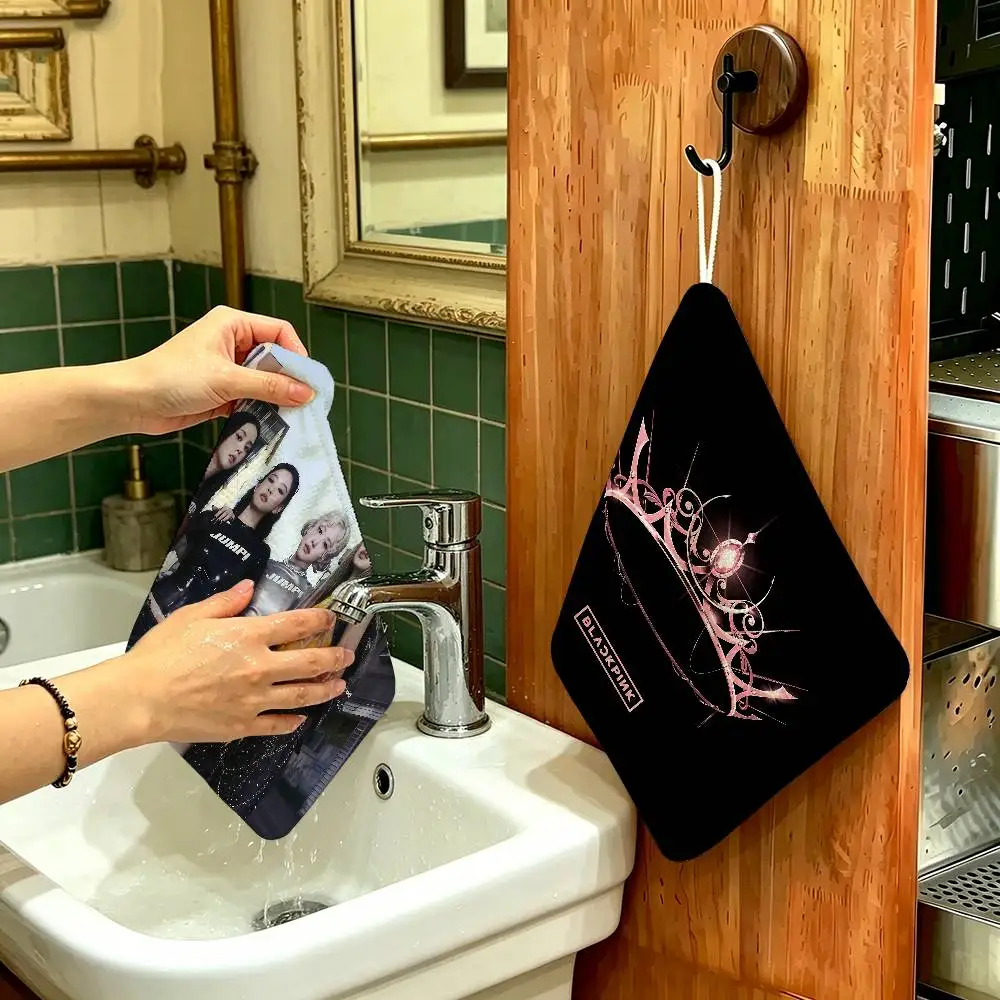 K-pop B-Black Groups Pinkes Hanging Kitchen Towel, Polyester Cotton Material, Multipurpose Hand Wiping Towel for Family