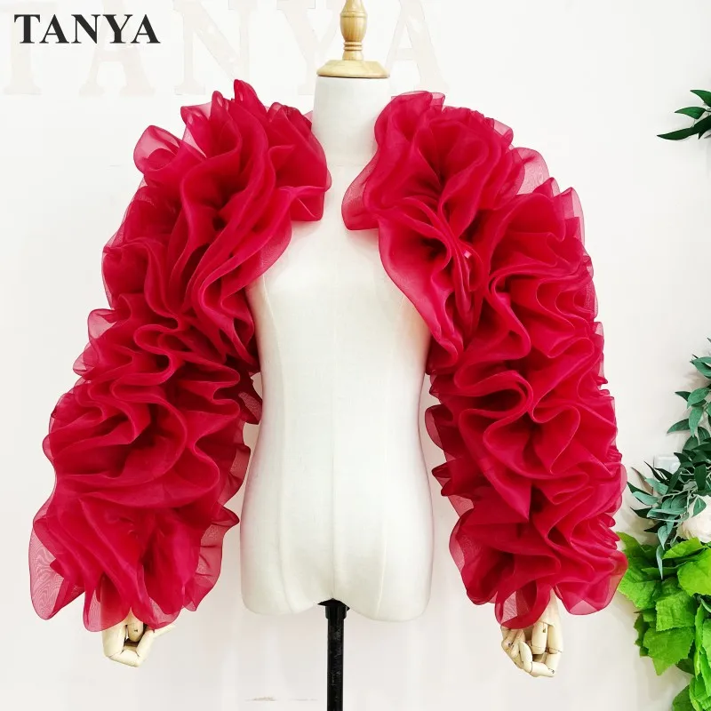 Bladerdeeg Zwart Tule Lange Mouwen Jas Meisjes Overdreven Bolero Jas Donkerrood Bijpassende Avondjurk Vrouwen Formele Elegante Wrap