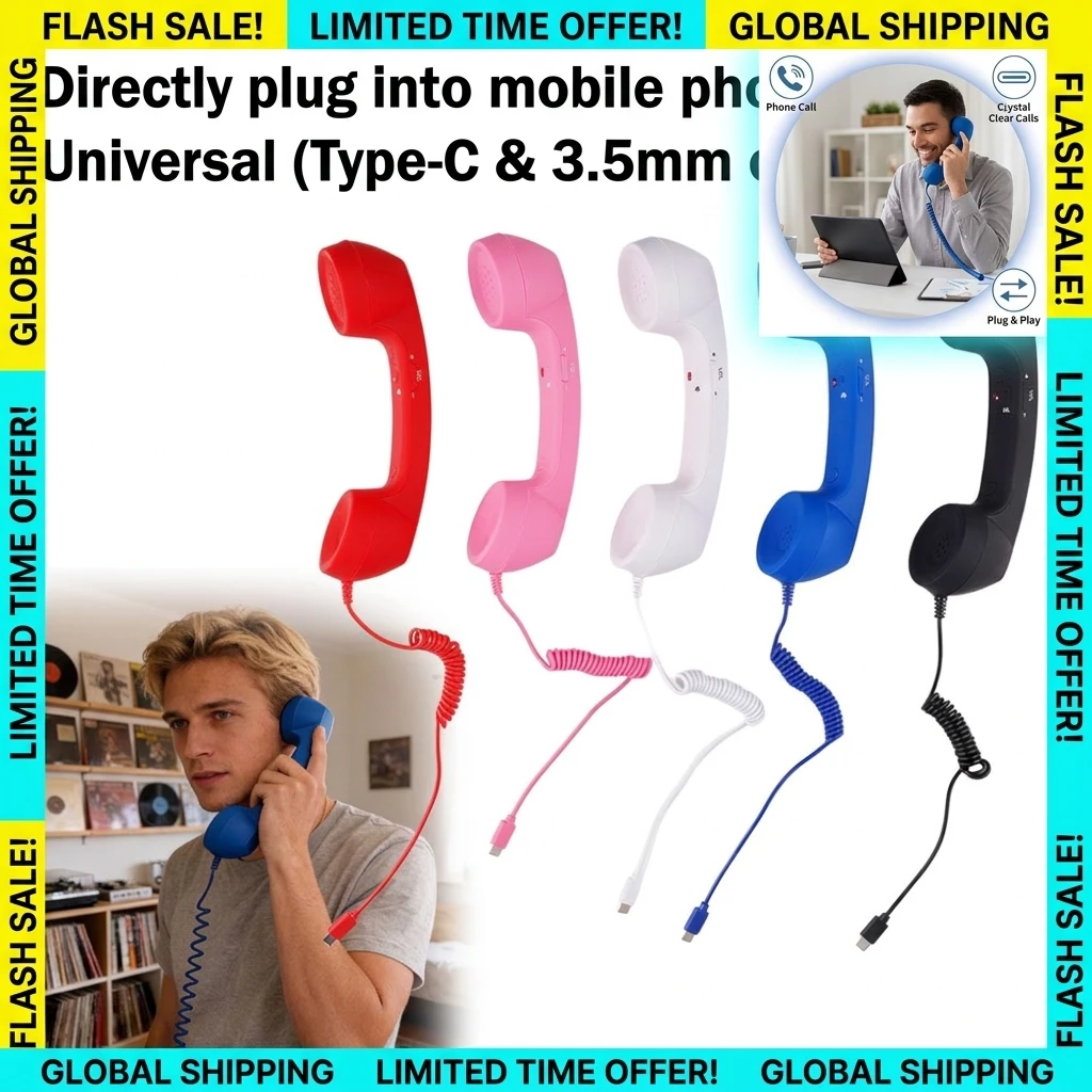 Retro Phone Handset Type-C & 3.5mm Telephone Head Set Portable Vintage Phone Headset for Cell Mobile Video Conferences Practical