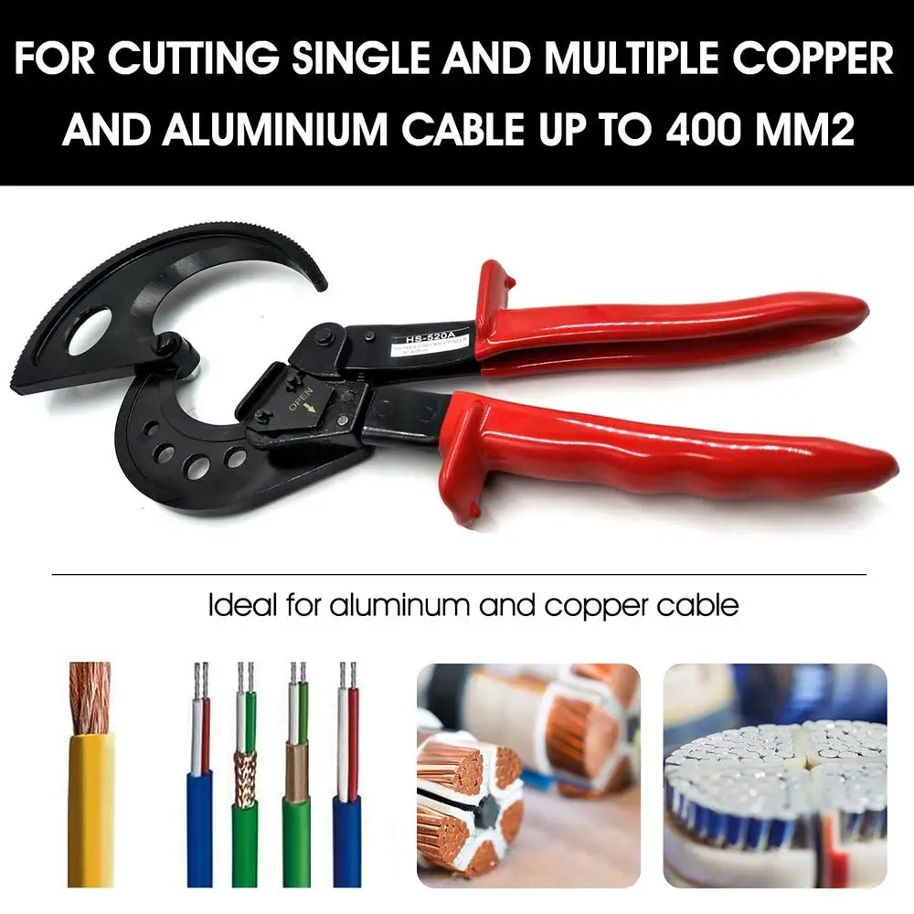 Ratcheting Cable Cutter 400mm2 Aluminum Copper Wire Cutting Tool High Carbon Steel Forging Blade Heavy Duty Easy Carry Compact