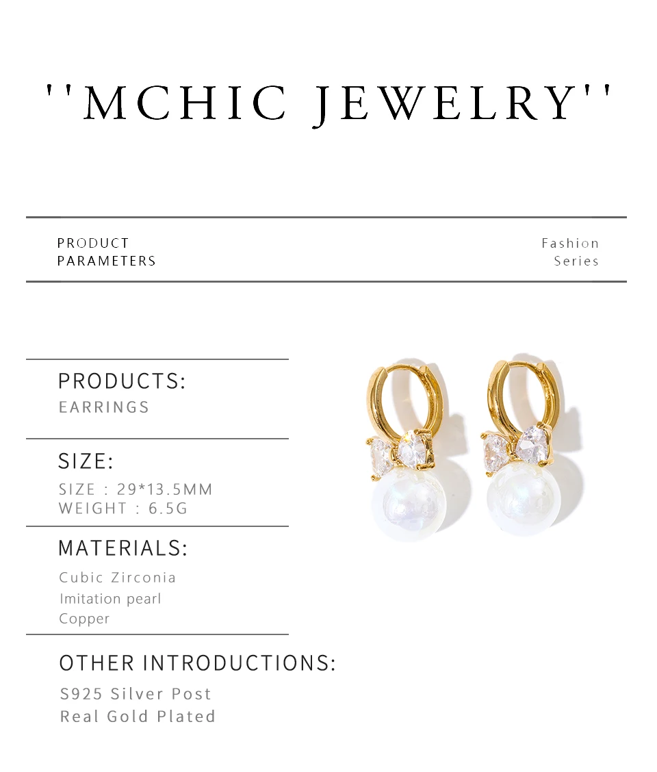 Mchic Simulated Pearls Zirconia Bowknot Hoop Earrings Elegance Fashion Sweet Chic Jewelry for Women Party Gift Wholesale