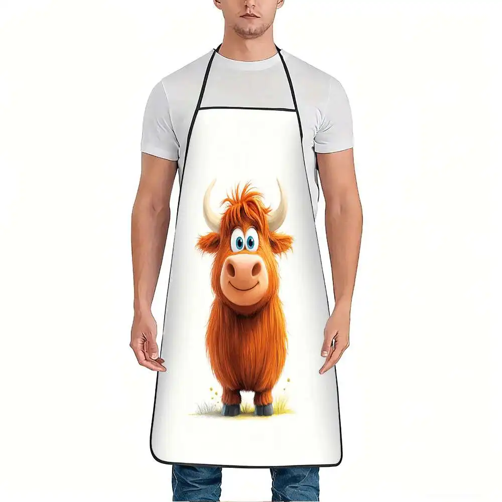 1pc Cute Cartoon Highland Cow Print Apron, Durable And Easy to Clean, Adjustable Waistband, Polyester Material, for Kitchen Cook