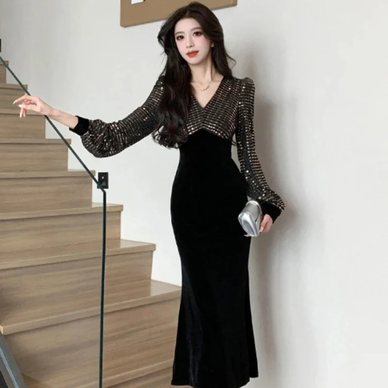 

Women's Vintage Sequin Stitching Slim-fit Hip Long Dress Spring New High-end Elegant Party V-neck Luxury Lady's Vestido