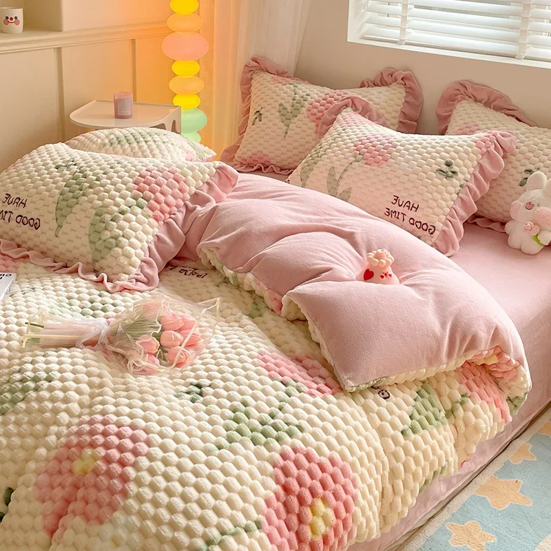 Winter Cartoon Plush Warm Duvet Cover Set with Sheet Pillowcase 4pcs Bedding Set Home Textiles Luxury Queen Size Bed Linens Set