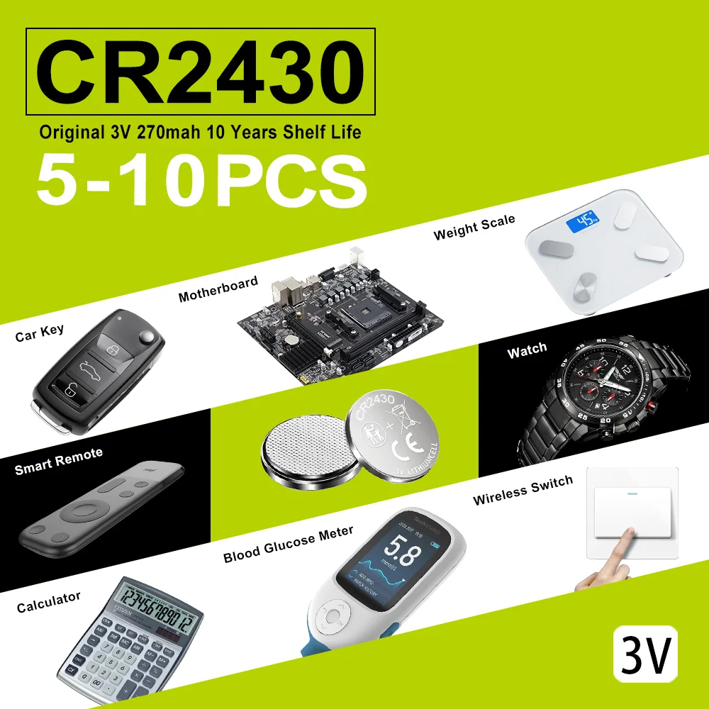 5 uds-10 Uds CR2430 DL2430 ECR2430 GPCR2430 1,5 V batería de botón de dióxido de manganeso de litio, adecuada para calculadoras, relojes