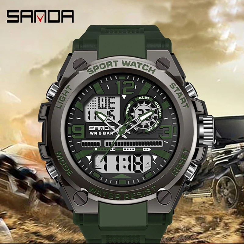 SANDA 6024 Men Sports Quartz Watches Dual Display LED Electronic Digital Wristwatches Waterproof Watch Relogios Masculino