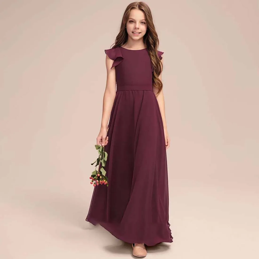 YZYmanualroom Chiffon Junior Bridesmaid Dress With Cascading Ruffles A-line Scoop Floor-Length 2-15T