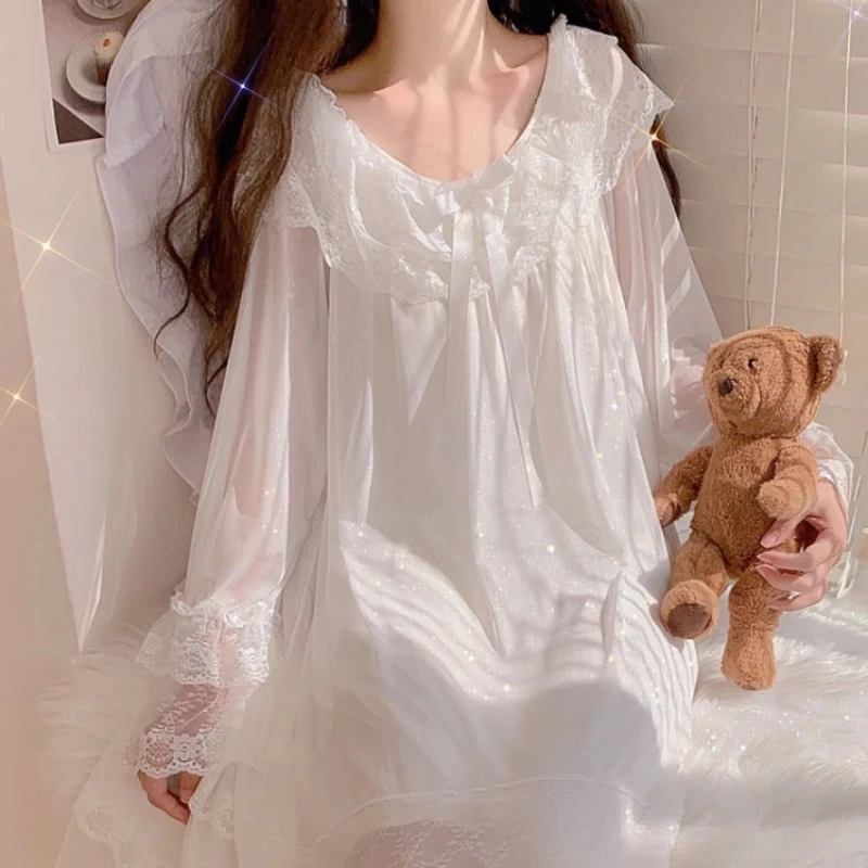 Kawaii Korea Style Women\'s Dressing Gown Spring Ladies Princess Sleepwear Lace Sleeve O Neck Mesh Peignoir Fairy Night Dress