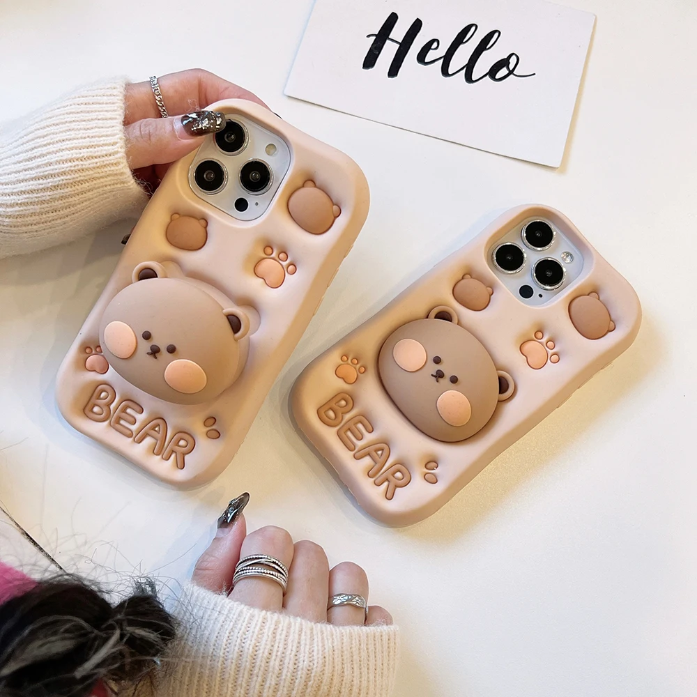 Cute Bear Case Soft Silicone Cover With Holder for iPhone 6 6s 7 8 SE X XS XR 11 12 13 Mini 14 15 16 Pro Max