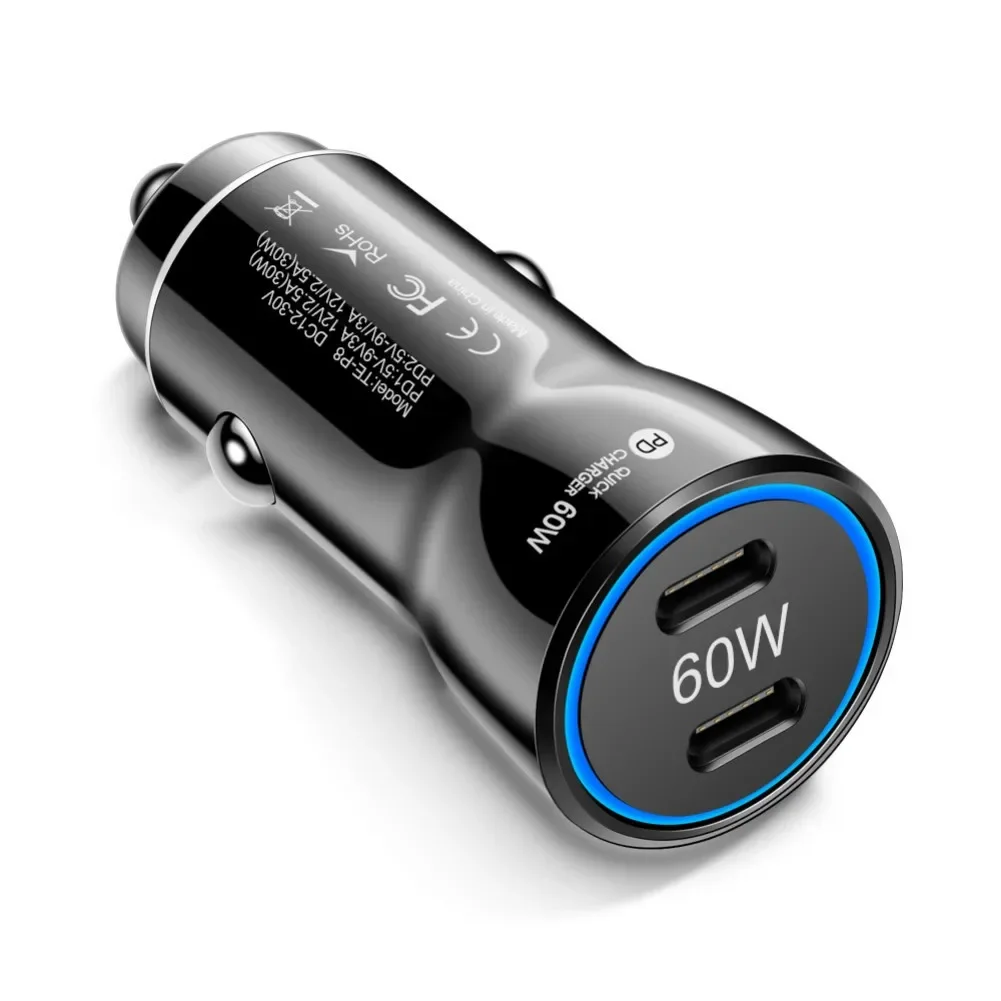 Fast Charge Adapter 60W Car Charger For Travel Charging Overheat Protection PC Material 60W Total Output For Smartphones