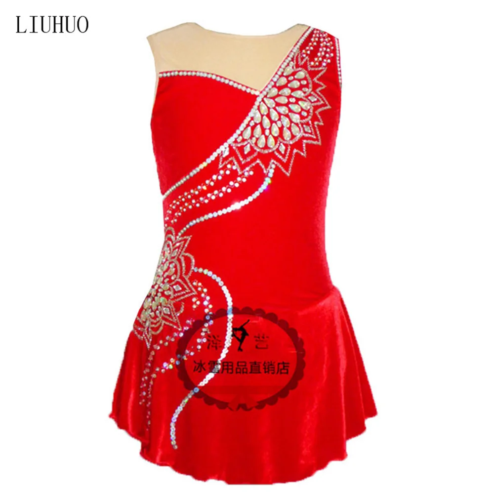 

LIUHUO Women Aldult Girl Customize Costume Performance Competition Leotard Ice Figure Skating Dress Roller Red Sleeveless Teens