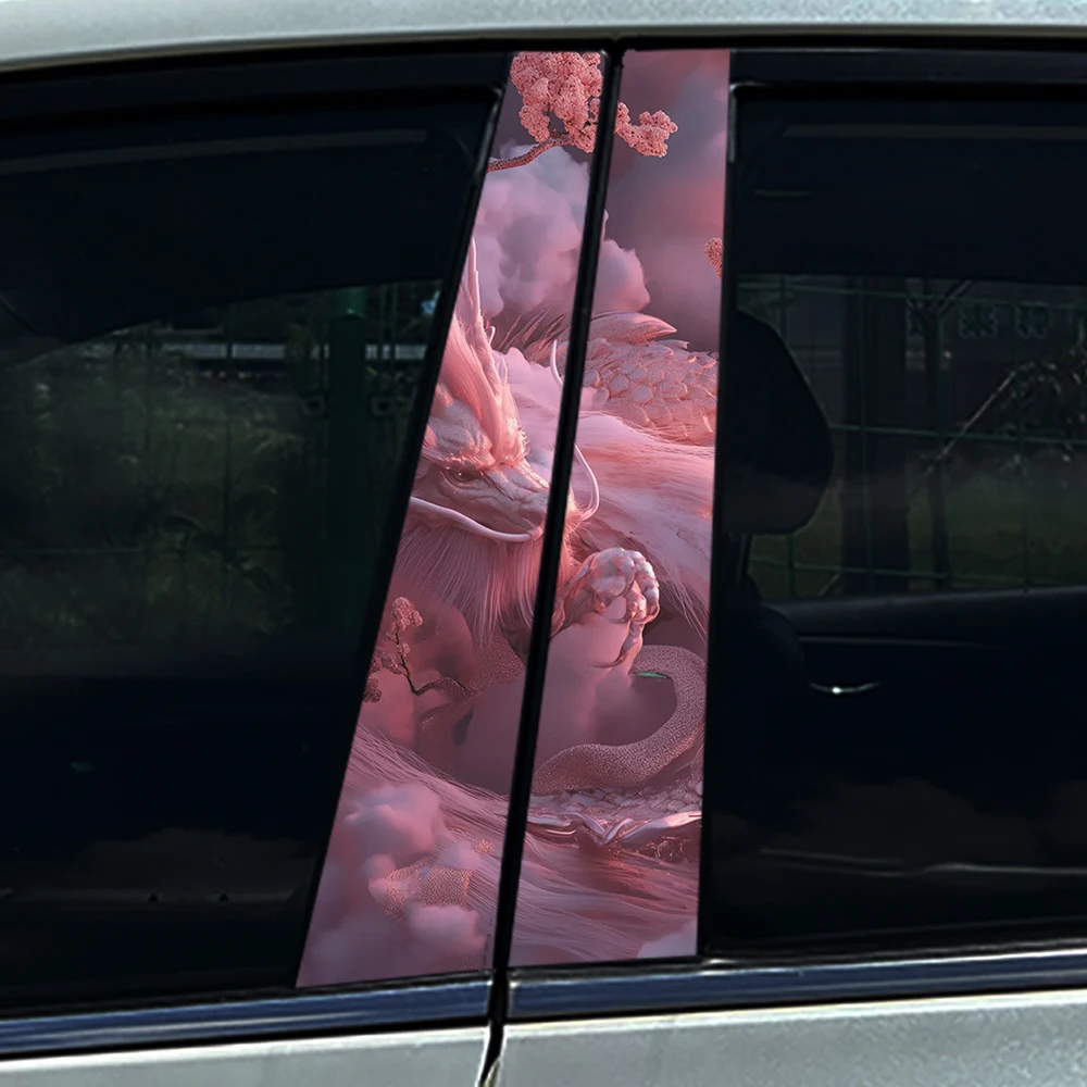 2 Stück Ästhetische Rosa Chinesische Drachen Auto B-Säulen-Aufkleber Sakura Wolken Vinyl-Sticker Personalisiertes Auto-Außendesign für die Meisten Fahrzeuge