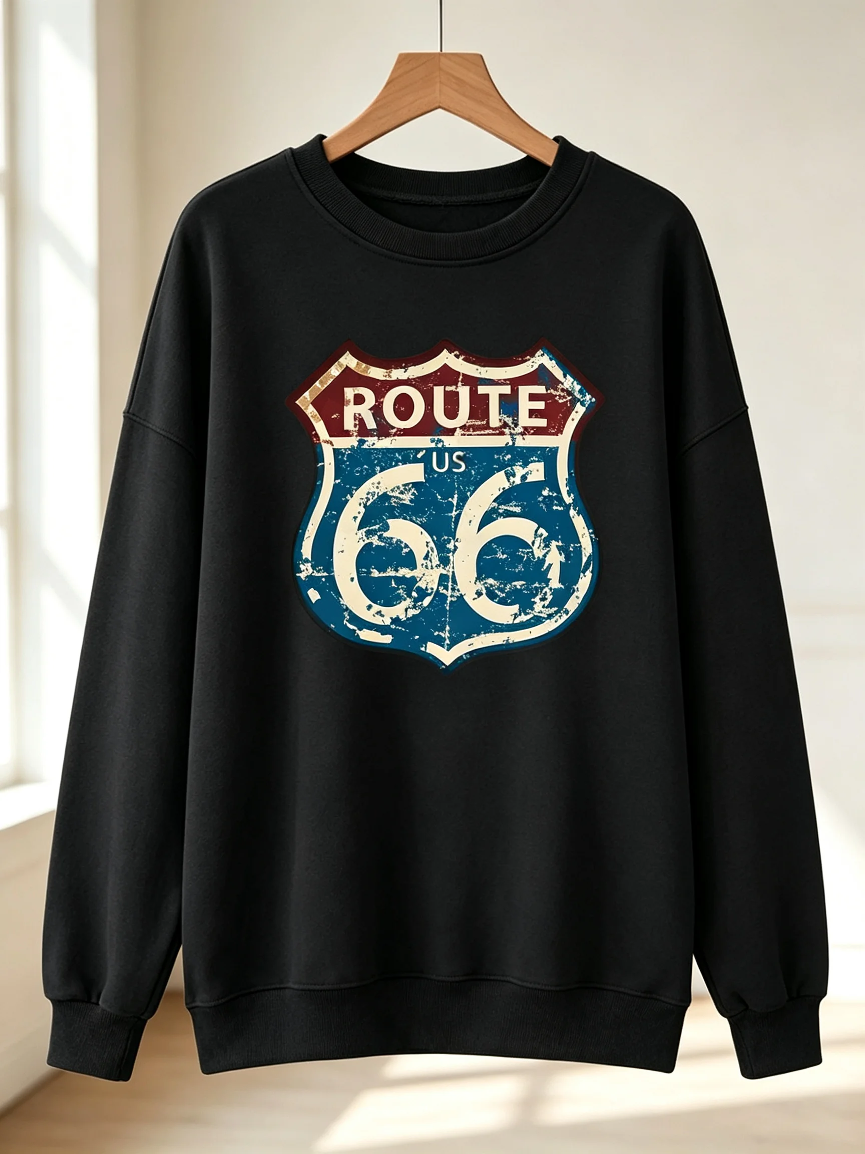 Women Route 66 Vintage Road Sign Graphic Sweatshirt,Crew Neck Long Sleeve Pullover,Retro US Highway Top For Fall Casual