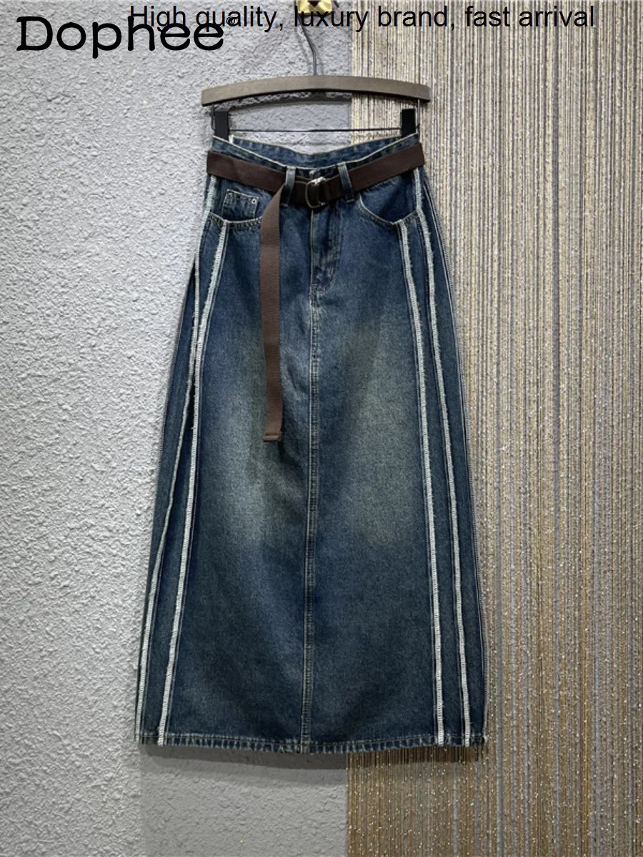 Frayed Streetwear Personalized Mid-Length Denim Women Spring Summer High Waist Straight Washed Loose Oversized Long Skirt