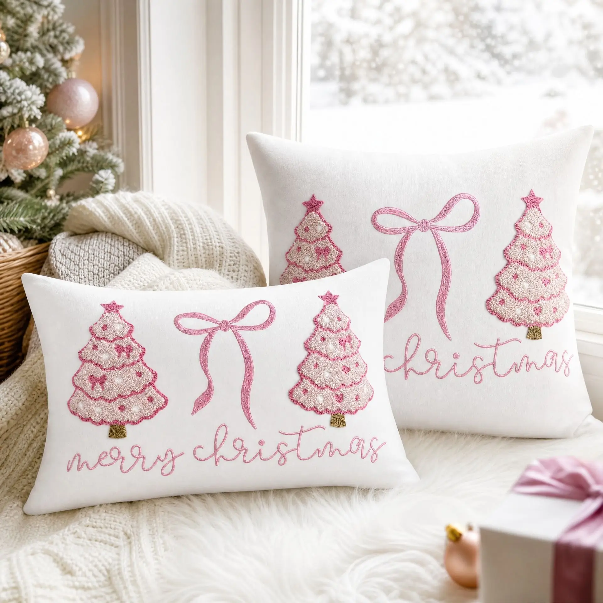Pink Christmas Embroidered Throw Pillow Hot Sale Towel Embroidery Lumbar Cushion for Living Room Sofa