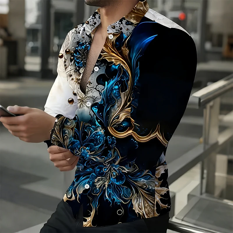 

LVLAEA Мужская осенняя роскошная стильная рубашка с принтом и длинными рукавами, хлопковая модная рубашка на пуговицах с лацканами для мужчин