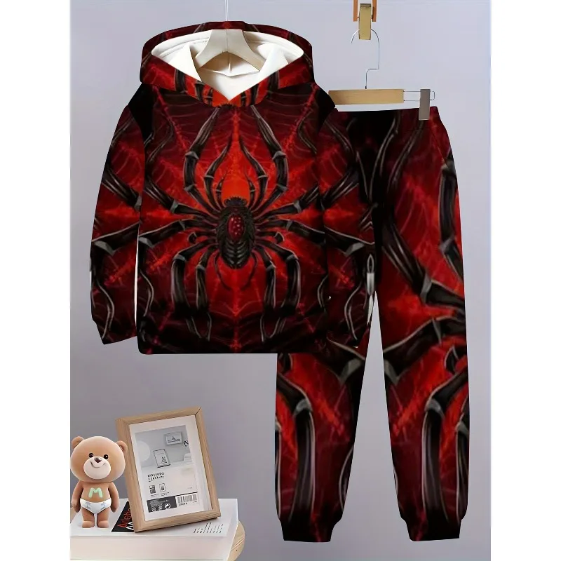 Sudadera con capucha y pantalones de chándal con estampado digital 3D de sol, león y araña, conjunto informal de 2 piezas de manga larga simple y moderno