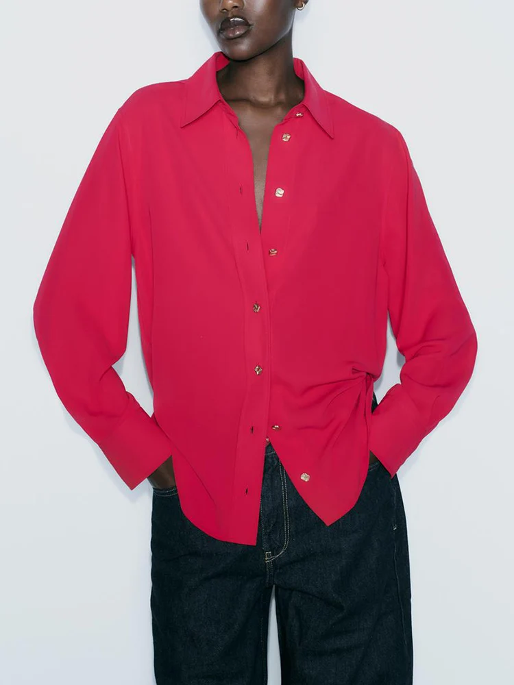 Automne nouveauté femmes décontracté irt bouton doré Long Sve col rabattu drapé trajet Sle Premium dames Blouse