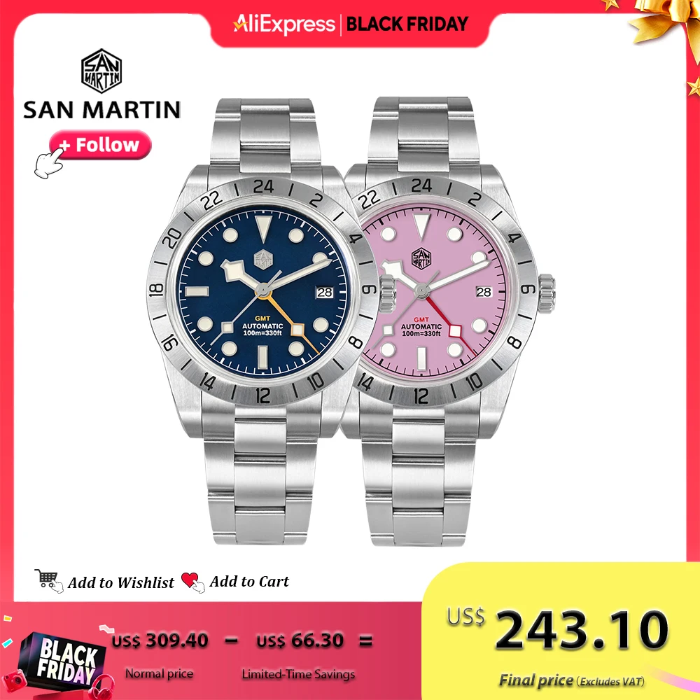 

San Martin 39mm Luxury Couple Watches NH34 GMT 316L Stainless Steel Automatic Mechanical Men Watch Gift for boyfriend Sapphire