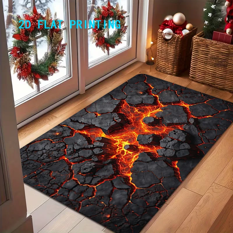 3D Lava Crack Stone Doormat Fiery Magma Cracked Rock Graphic Entryway Mat Washable Rug for Gothic Stylish Indoor Home Decor