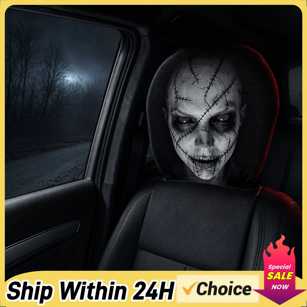 Halloween Car Seat Pillow Covers 2PCS Scary Ghost Face Print Elastic Stretch Polyester Headrest Protector
