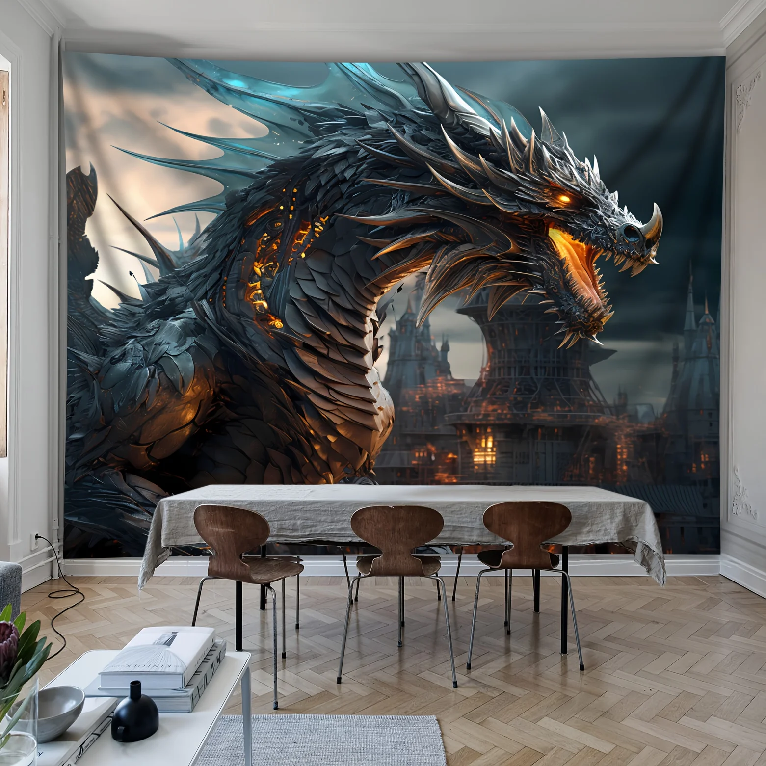 Epic Fantasy Dragon Tapestry Wall Mural Decor Mythology Gothic Creature Art Hanging Fabric Print for Game Room Living Space