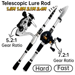 Telescopic Short Lure Fishing Rod 1.5/1.8/2.1/2.4M and Baitcasting Reel 5.2:1 /7.2:1 Combo Portable Travel Fishing Kit for Carp